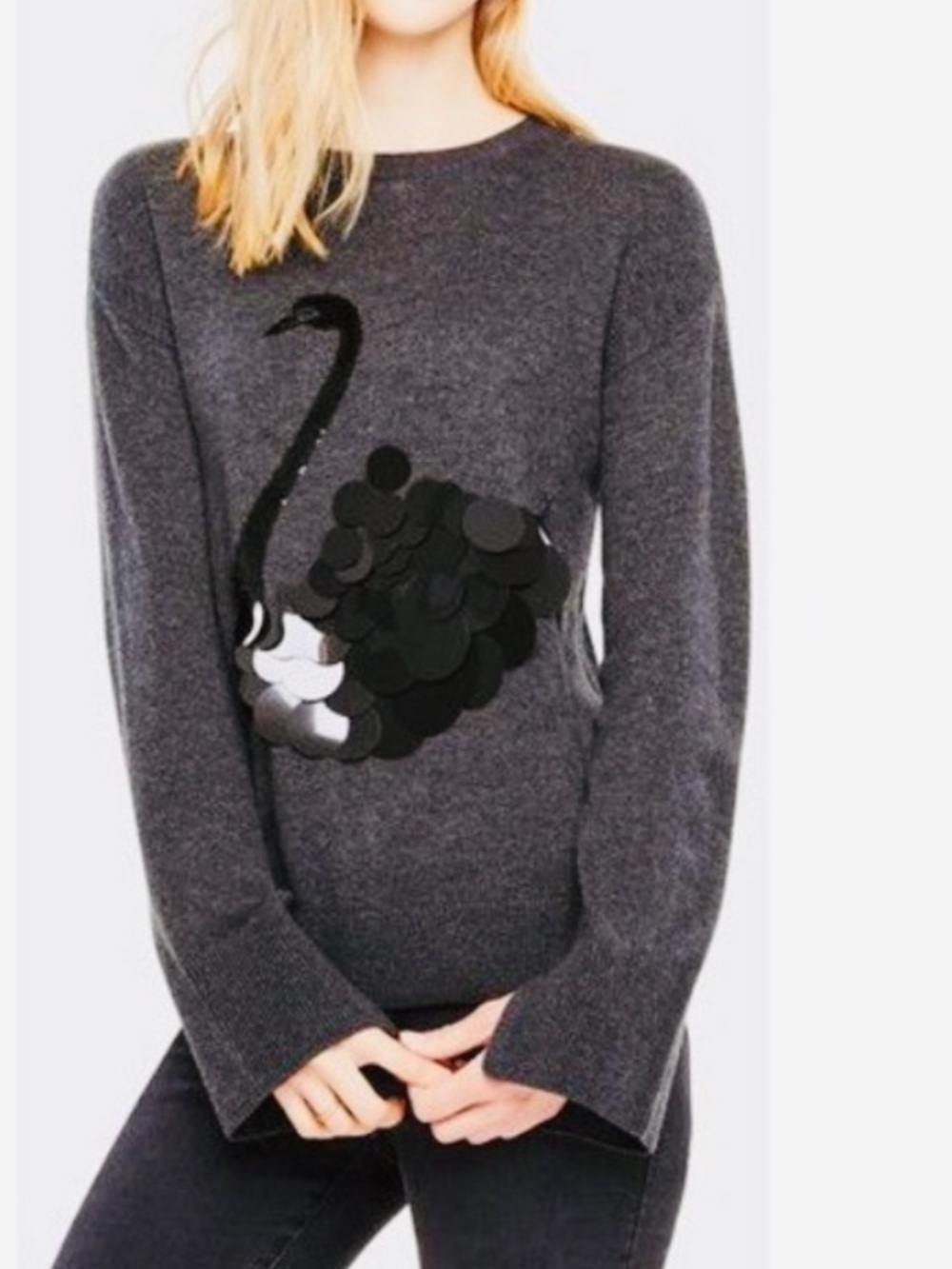 Charcoal Grey Wool Blend Sequined Swan Sweater size M